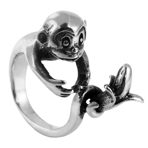 HIJONES Herren AFFE-Banane-Tier-Ring aus Rostfreier Stahl Offener Vintage-Punk-Hochzeitsring Silber Größe 68 (21.6) von HIJONES