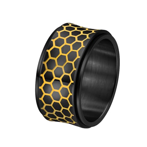 HIJONES Herren Bienenstock Drehbarer Ring aus Rostfreier Stahl 12Mm Leuchtendes Stressabbau-Angst-Schmuckstück Schwarz Größe 57 (18.1) von HIJONES