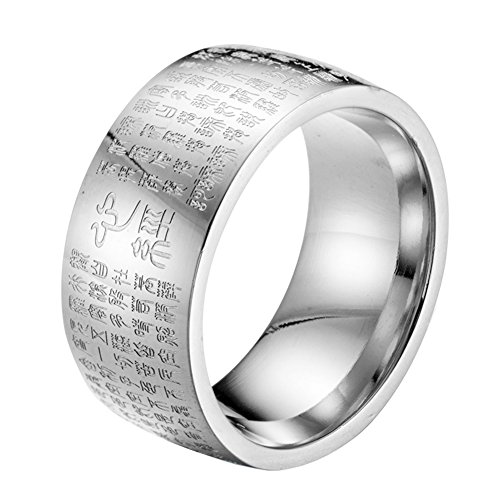 HIJONES Herren Buddhistischen Mantra Herz Sutra 10mm Breite Edelstahl Ring Band, Dichtung Skript Chinesischen Stil Silber Größe 57 von HIJONES