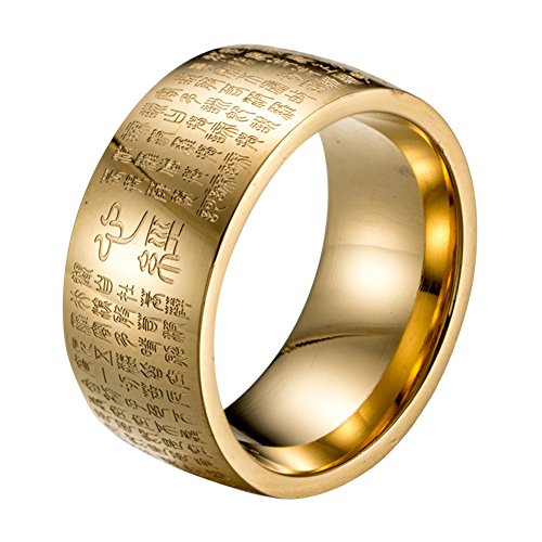 HIJONES Herren Buddhistischen Mantra Herz Sutra 10mm Breite Edelstahl Vergoldet Ring, Siegelschrift Chinesischen Stil Größe 57 von HIJONES