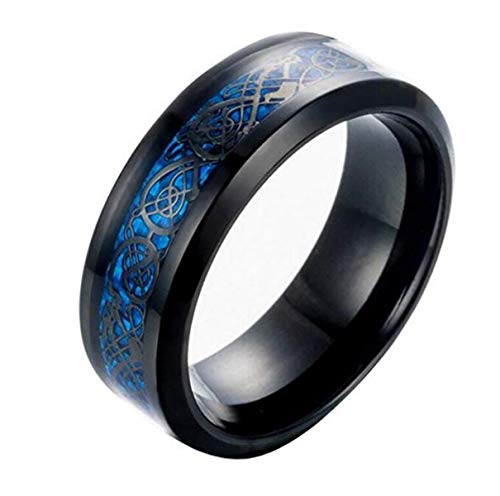 HIJONES Herren Celtic Dragon Blue Kohlefaser Schwarz Edelstahl Ring Ehering 8MM Größe 62 von HIJONES