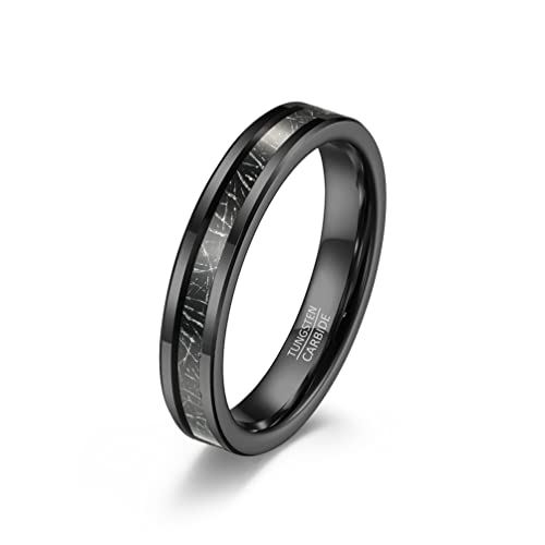 HIJONES Herren Damen 4mm Wolfram Ehering Ring mit Imitiertem Meteorit Abgeschrägter Kante Schwarz Größe 54 von HIJONES