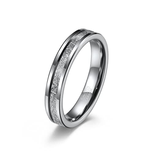 HIJONES Herren Damen 4mm Wolfram Ehering Ring mit Imitiertem Meteorit Abgeschrägter Kante Silber Größe 60 von HIJONES