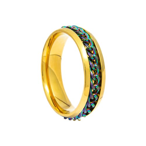 HIJONES Herren Damen 6mm Drehbare Kette Ring Edelstahl Multicolor Aussage Ring Band Fingerschmuck Goldener Regenbogen65 (20.7) von HIJONES