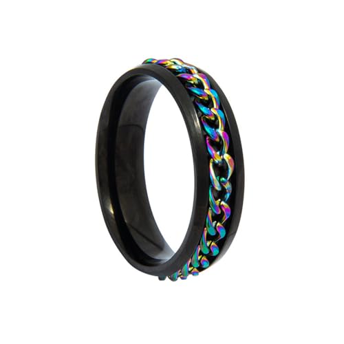 HIJONES Herren Damen 6mm Drehbare Kette Ring Edelstahl Multicolor Aussage Ring Band Fingerschmuck Schwarzer Regenbogen Größe 54 (17.2) von HIJONES