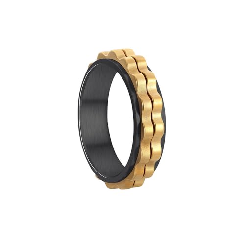 HIJONES Herren Damen 6mm Roatatble Ring Edelstahl 2 Reihe Lokomotive Getriebe Aussage Ring Band Hip Hop Fingerschmuck Schwarzes Gold Größe 62 (19.7) von HIJONES