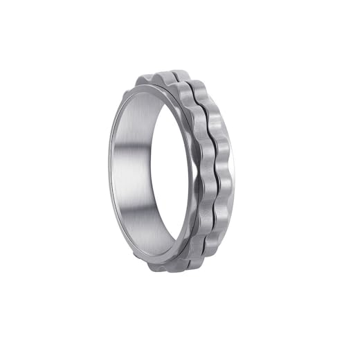 HIJONES Herren Damen 6mm Roatatble Ring Edelstahl 2 Reihe Lokomotive Getriebe Aussage Ring Band Hip Hop Fingerschmuck Silber Größe 52 (16.6) von HIJONES