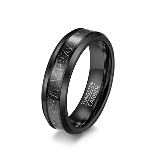 HIJONES Herren Damen 6mm Wolfram Ehering Ring mit Imitiertem Meteorit Abgeschrägter Kante Schwarz Größe 54 von HIJONES