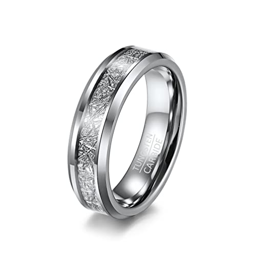 HIJONES Herren Damen 6mm Wolfram Ehering Ring mit Imitiertem Meteorit Abgeschrägter Kante Silber Größe 52 von HIJONES