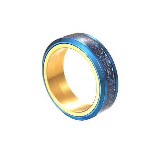 HIJONES Herren Damen 8mm Roatatble Drache Ringe Edelstahl Statement Kohlefaser Ring Band Hip Hop Fingerschmuck Blaues Gold Größe 57 (18.1) von HIJONES