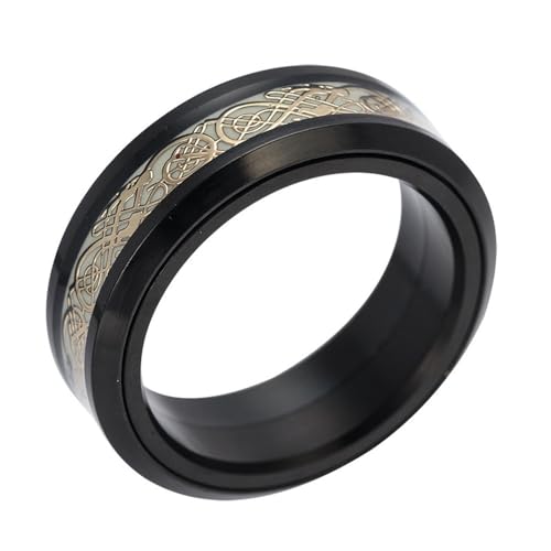 HIJONES Herren Damen 8mm Roatatble Drache Ringe Edelstahl Statement Kohlefaser Ring Band Hip Hop Fingerschmuck Leuchtendes Gold Größe 54 (17.2) von HIJONES