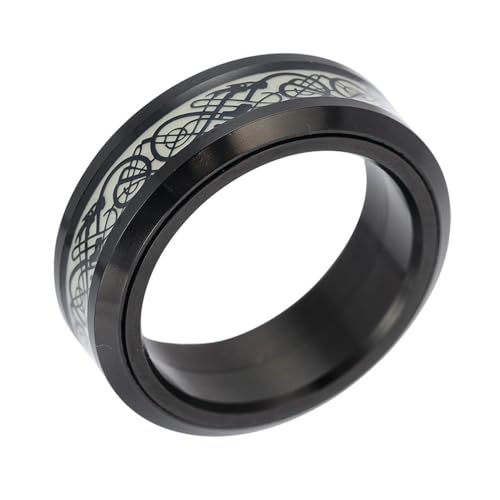 HIJONES Herren Damen 8mm Roatatble Drache Ringe Edelstahl Statement Kohlefaser Ring Band Hip Hop Fingerschmuck Leuchtendes Schwarz Größe 57 (18.1) von HIJONES