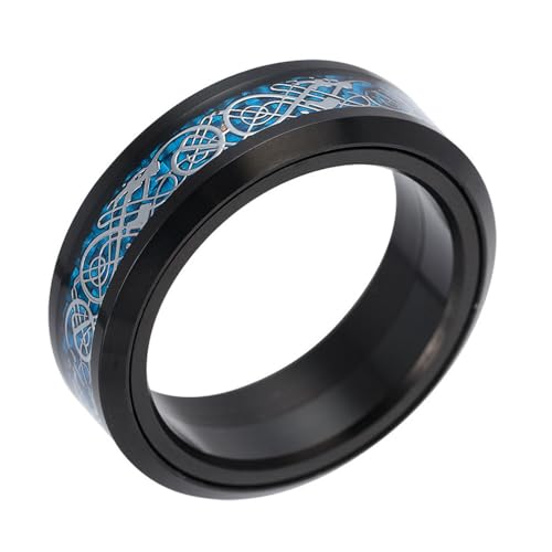 HIJONES Herren Damen 8mm Roatatble Drache Ringe Edelstahl Statement Kohlefaser Ring Band Hip Hop Fingerschmuck Schwarz Beschichtetes Silber Größe 52 (16.6) von HIJONES