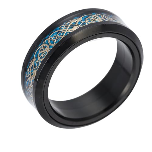 HIJONES Herren Damen 8mm Roatatble Drache Ringe Edelstahl Statement Kohlefaser Ring Band Hip Hop Fingerschmuck Schwarz Plattiertes Gold Größe 52 (16.6) von HIJONES