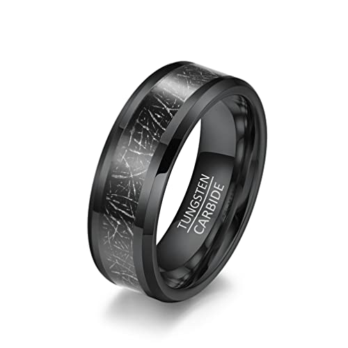 HIJONES Herren Damen 8mm Wolfram Ehering Ring mit Imitiertem Meteorit Abgeschrägter Kante Schwarz Größe 68 von HIJONES