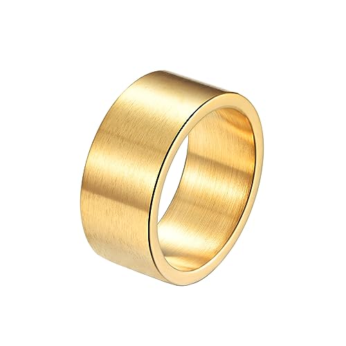 HIJONES Herren Damen Edelstahl Breitband Daumenring Rohr Geschnitten Glatt Flache Ringe Comfort Fit Matt Gebürstet 10MM Breit Gold Größe 54 von HIJONES