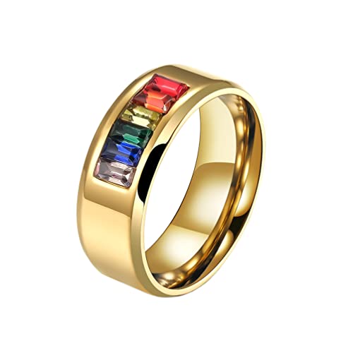 HIJONES Herren Damen Edelstahl LGBT Pride Flag Ring mit Zirkonia Regenbogen Ehering Ringe Gold Größe 68 von HIJONES