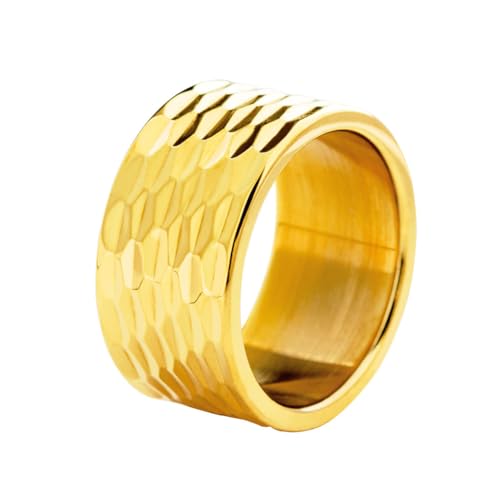 HIJONES Herren Damen Edelstahl Trendige 12MM Fischschuppen Gehämmerte Textur Ring Polierter Daumen Titan Band Gold Größe 60 (19.1) von HIJONES