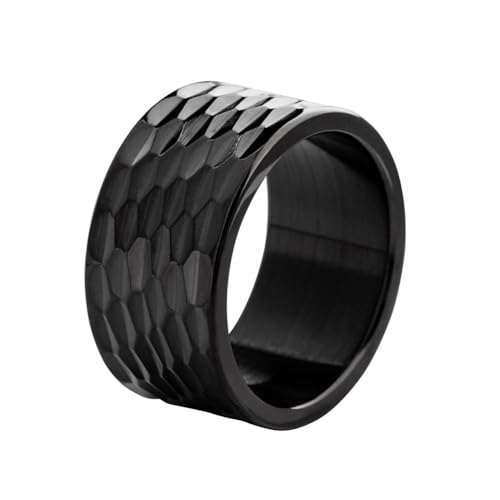 HIJONES Herren Damen Edelstahl Trendige 12MM Fischschuppen Gehämmerte Textur Ring Polierter Daumen Titan Band Schwarz Größe 65 (20.7) von HIJONES