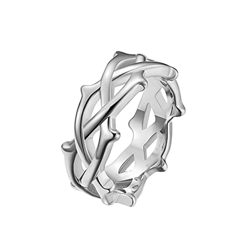 HIJONES Herren Damen Edelstahl Zweig Dornenkrone Statement Ring Baum Rebe Versprechen Ehering Silber Größe 57 von HIJONES