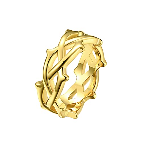 HIJONES Herren Damen Edelstahl Zweig Dornenkrone Statement Ring Baumranke Versprechen Ehering Gold Größe 60 von HIJONES