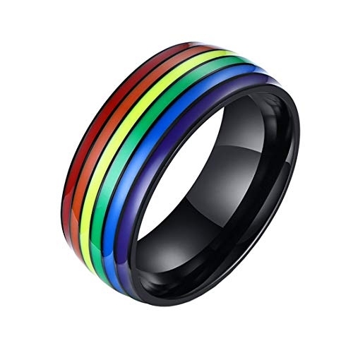 HIJONES Herren Damen Einfach 8MM Gewölbt Regenbogen Schwule Stolz Ring aus Rostfreier Stahl Schwarz Größe 57 von HIJONES