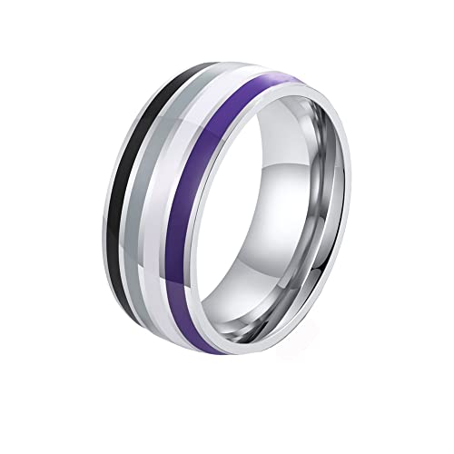 HIJONES Herren Damen Einfache 8MM Regenbogen-Emaille-Gay-Pride-Liebe Gewölbte Ringe aus Rostfreier Stahl Silber Lila Schwarz Größe 62 (19.7) von HIJONES