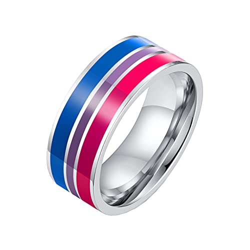 HIJONES Herren Damen Einfache 8MM Regenbogen-Emaille-Gay-Pride-Liebe Gewölbte Ringe aus Rostfreier Stahl Silber Pink Blau Größe 65 (20.7) von HIJONES