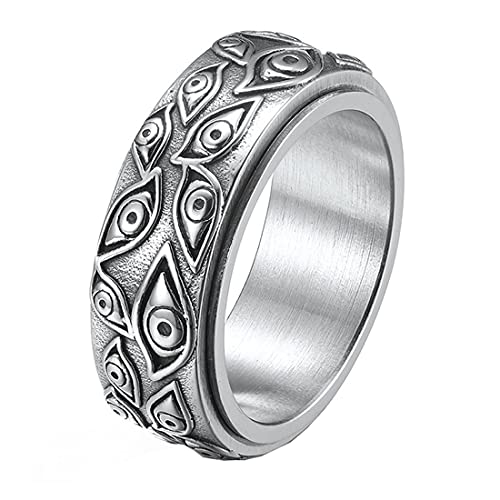 HIJONES Herren Damen Gotisch Geschnitzt Böse Auge Spinner Ring aus Edelstahl Silber Größe 60 von HIJONES