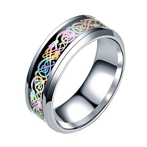 HIJONES Herren Damen Gotisch Punk 8MM Kohlefaser Keltisch Drachen Hochzeitsring Schmuck aus Edelstahl für Kinder Silber Regenbogen Größe 62 von HIJONES