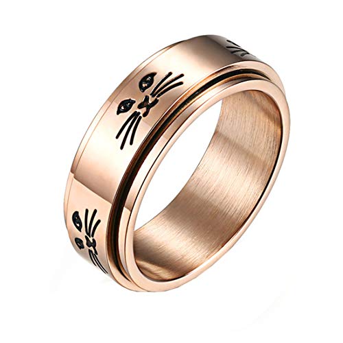 HIJONES Herren Damen Haut Katzengesicht Graviert Drehbar Ring aus Edelstahl Rosé Gold Größe 57 von HIJONES