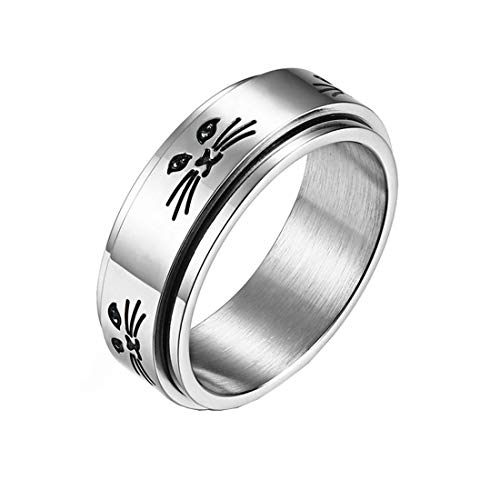 HIJONES Herren Damen Haut Katzengesicht Graviert Drehbar Ring aus Edelstahl Silber Größe 60 von HIJONES