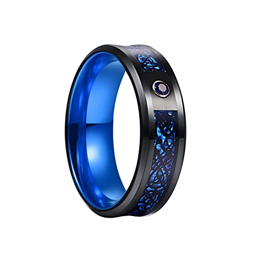 HIJONES Herren Damen Keltische Drachenringe aus 8 MM Kohlefaser-Einlage aus Rostfreier Stahl Hochzeit Intarsien Zirkonia Band Blau Schwarz Größe 54 (17.2) von HIJONES