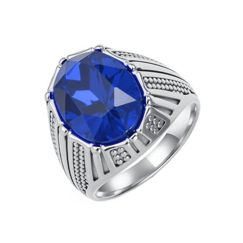 HIJONES Herren Damen Oval Edelstein Edelstahl Diamant Ring Vintage Personalisiert Hip Hop Ring Band Schmuck Silber Blau Größe 62 (19.7) von HIJONES
