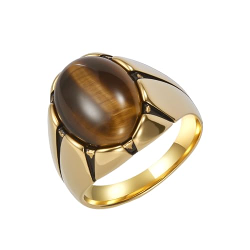 HIJONES Herren Damen Ovaler Stein Edelstahl Ring Personalisiert Hip Hop Übertriebene Edelstein Ring Band Schmuck Goldbraun Größe 60 (19.1) von HIJONES