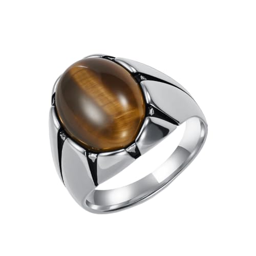 HIJONES Herren Damen Ovaler Stein Edelstahl Ring Personalisiert Hip Hop Übertriebene Edelstein Ring Band Schmuck Silber Braun Größe 57 (18.1) von HIJONES