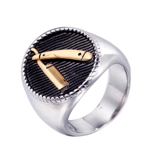 HIJONES Herren Edelstahl Barber Shop Dekor Gravur Rasierer Ring Chunky Statement Band Finger Biker Schmuck Gold Größe 60 (19.1) von HIJONES