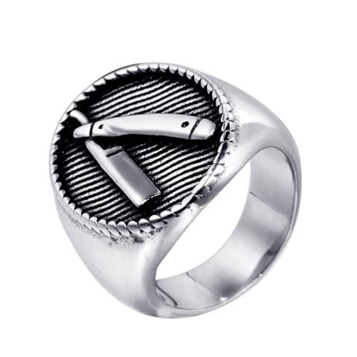 HIJONES Herren Edelstahl Barber Shop Dekor Gravur Rasierer Ring Chunky Statement Band Finger Biker Schmuck Silber Größe 54 (17.2) von HIJONES