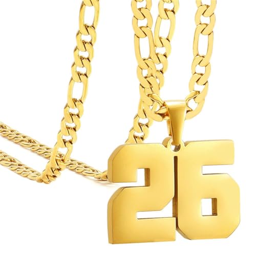 HIJONES Herren Edelstahl Basketball Fußball Baseball Mannschaft Nummer Anhänger Chunky Kette Sport Halskette Gold 26 von HIJONES