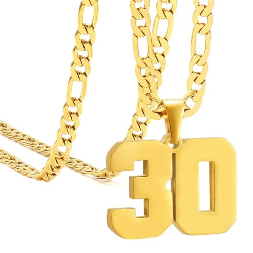 HIJONES Herren Edelstahl Basketball Fußball Baseball Mannschaft Nummer Anhänger Chunky Kette Sport Halskette Gold 30 von HIJONES
