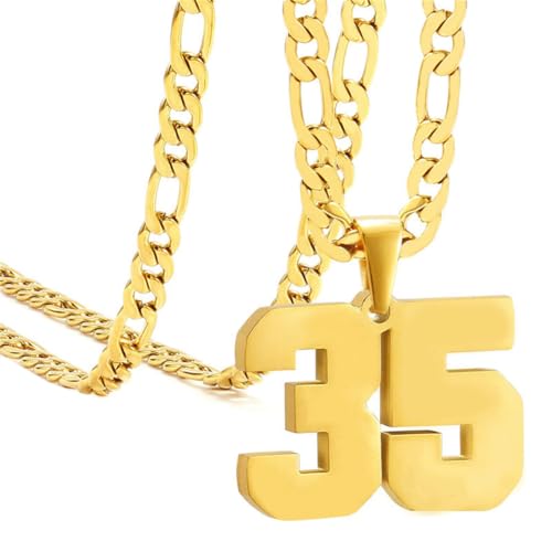 HIJONES Herren Edelstahl Basketball Fußball Baseball Mannschaft Nummer Anhänger Chunky Kette Sport Halskette Gold 35 von HIJONES