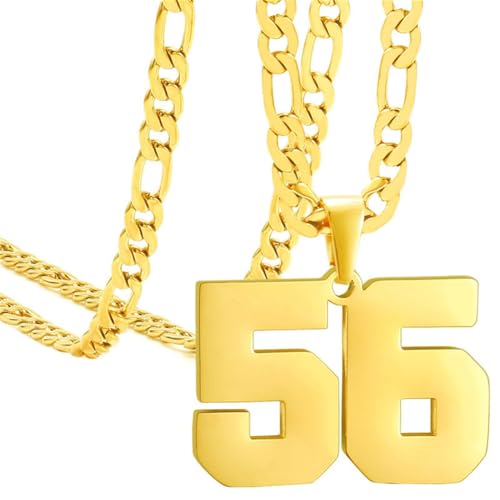 HIJONES Herren Edelstahl Basketball Fußball Baseball Mannschaft Nummer Anhänger Chunky Kette Sport Halskette Gold 56 von HIJONES