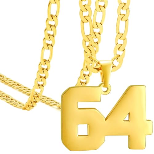 HIJONES Herren Edelstahl Basketball Fußball Baseball Mannschaft Nummer Anhänger Chunky Kette Sport Halskette Gold 64 von HIJONES
