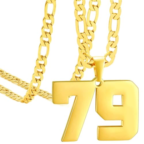 HIJONES Herren Edelstahl Basketball Fußball Baseball Mannschaft Nummer Anhänger Chunky Kette Sport Halskette Gold 79 von HIJONES