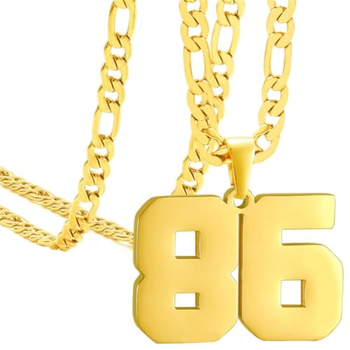 HIJONES Herren Edelstahl Basketball Fußball Baseball Mannschaft Nummer Anhänger Chunky Kette Sport Halskette Gold 86 von HIJONES