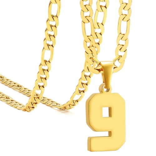 HIJONES Herren Edelstahl Basketball Fußball Baseball Mannschaft Nummer Anhänger Chunky Kette Sport Halskette Gold 9 von HIJONES