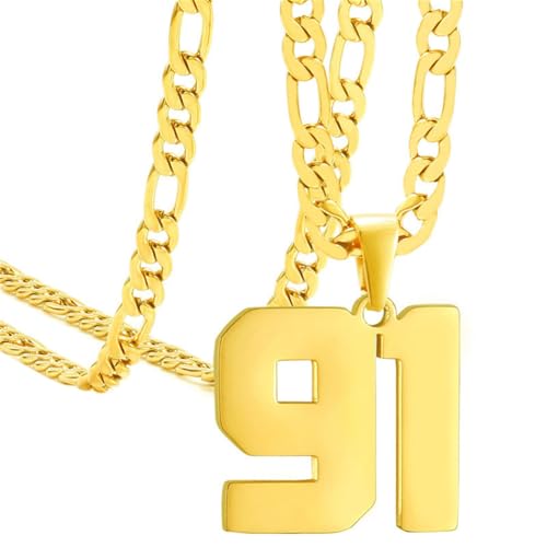 HIJONES Herren Edelstahl Basketball Fußball Baseball Mannschaft Nummer Anhänger Chunky Kette Sport Halskette Gold 91 von HIJONES