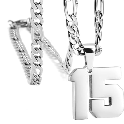 HIJONES Herren Edelstahl Basketball Fußball Baseball Mannschaft Nummer Anhänger Chunky Kette Sport Halskette Silber 15 von HIJONES