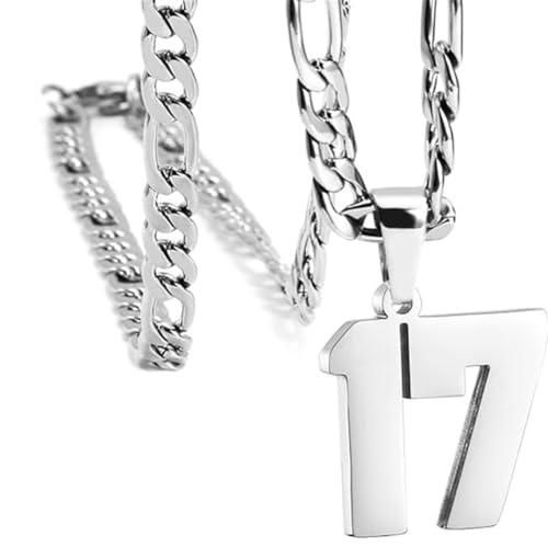 HIJONES Herren Edelstahl Basketball Fußball Baseball Mannschaft Nummer Anhänger Chunky Kette Sport Halskette Silber 17 von HIJONES