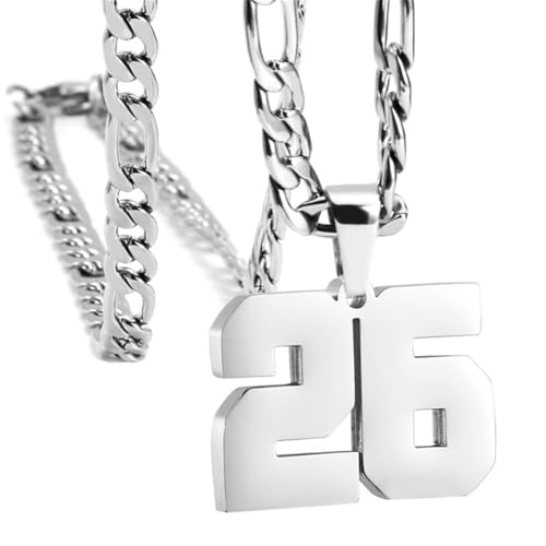 HIJONES Herren Edelstahl Basketball Fußball Baseball Mannschaft Nummer Anhänger Chunky Kette Sport Halskette Silber 26 von HIJONES